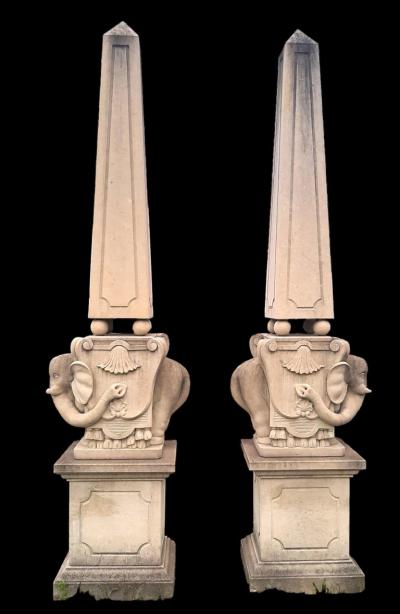 Monumental Pair of Italian Carved Stone Obelisks with Elephants