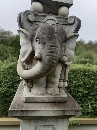 Monumental Pair of Italian Carved Stone Obelisks with Elephants