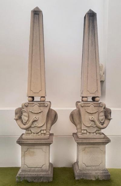 Monumental Pair of Italian Carved Stone Obelisks with Elephants