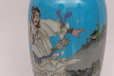 Monumental Pair of Japanese Cloisonn Enamel Vases with Warriors Ota Tamashiro