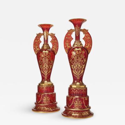 Monumental Pair of Ruby Red Gilt Bohemian Alhambra Cut Glass Vases on Stands