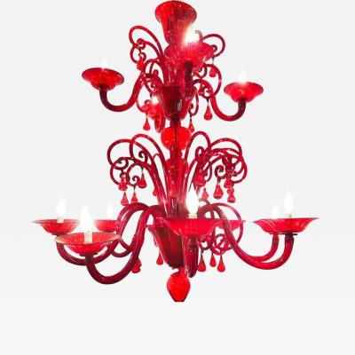 Monumental Red Murano Glass Two Tiered 10 Light Chandelier
