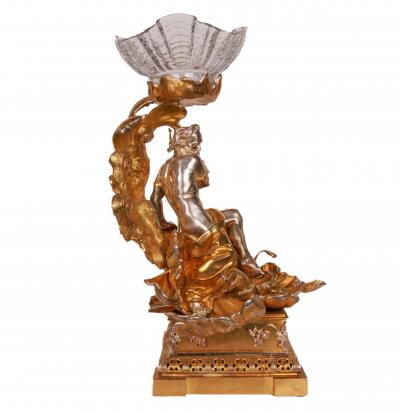 Monumental Silvered and Gilt Bronze Glass Centerpiece of Poseidon 