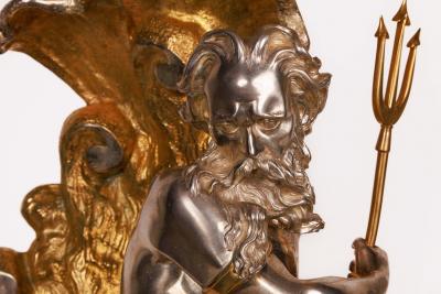 Monumental Silvered and Gilt Bronze Glass Centerpiece of Poseidon 