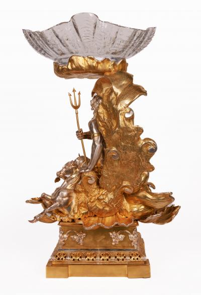 Monumental Silvered and Gilt Bronze Glass Centerpiece of Poseidon 