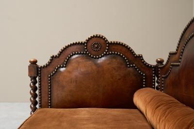 Monumental Sofa in Patinated Brown Leather Studs and Velvet Late 19th Century