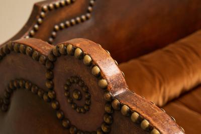 Monumental Sofa in Patinated Brown Leather Studs and Velvet Late 19th Century