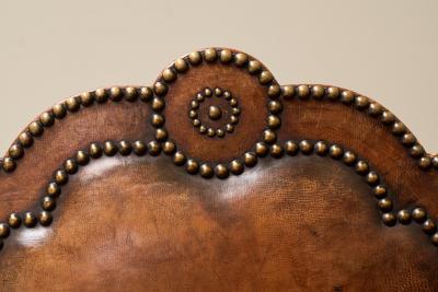Monumental Sofa in Patinated Brown Leather Studs and Velvet Late 19th Century