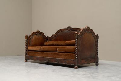 Monumental Sofa in Patinated Brown Leather Studs and Velvet Late 19th Century