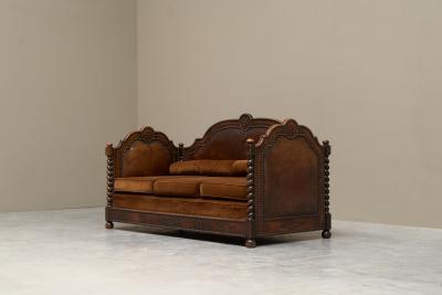 Monumental Sofa in Patinated Brown Leather Studs and Velvet Late 19th Century