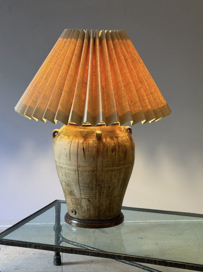 Monumental Terra Cotta Olive Jar Table Lamp With Pleated Shade
