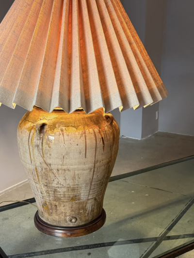 Monumental Terra Cotta Olive Jar Table Lamp With Pleated Shade