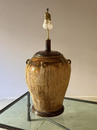 Monumental Terra Cotta Olive Jar Table Lamp With Pleated Shade