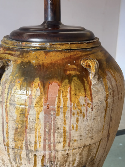 Monumental Terra Cotta Olive Jar Table Lamp With Pleated Shade