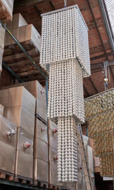 Monumental Three Tier Porcelain Golf Ball Chandelier