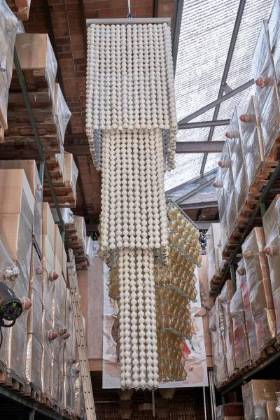 Monumental Three Tier Porcelain Golf Ball Chandelier