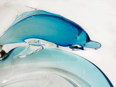 Monumental Vintage Blown Murano Glass Bowl with Dolphin Riding the Blue Waves
