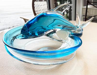 Monumental Vintage Blown Murano Glass Bowl with Dolphin Riding the Blue Waves