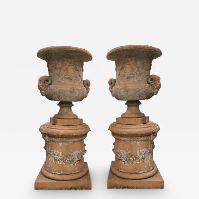 Monumental pair of Medicis vases on columns in terracotta France circa 1950