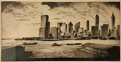 Moody Signed 1970s Manhattan Skyline Etching