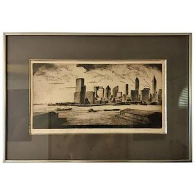 Moody Signed 1970s Manhattan Skyline Etching