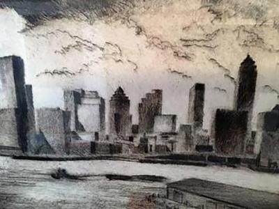 Moody Signed 1970s Manhattan Skyline Etching