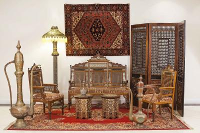 Moorish Inlaid Walnut 5 Piece Living Room Set