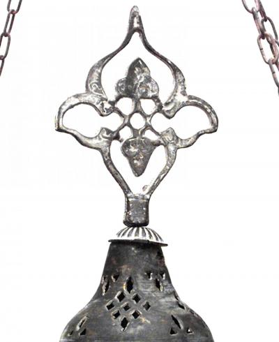 Moorish Style Patinated Brass and Green Glass Bead Chandelier