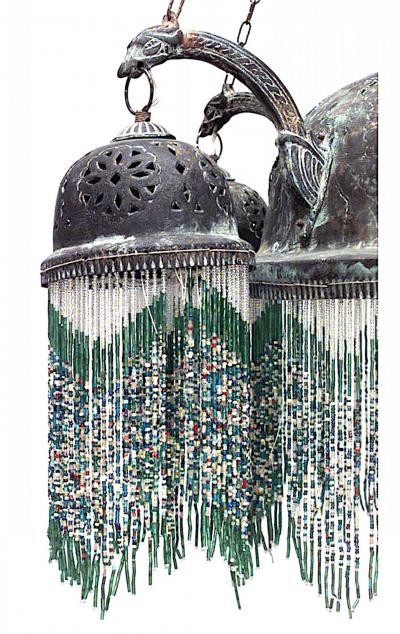 Moorish Style Patinated Brass and Green Glass Bead Chandelier