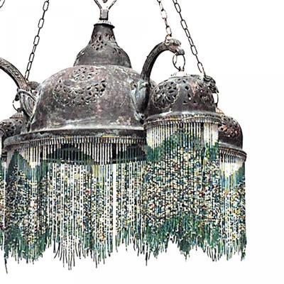 Moorish Style Patinated Brass and Green Glass Bead Chandelier
