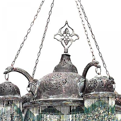 Moorish Style Patinated Brass and Green Glass Bead Chandelier