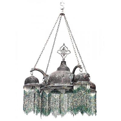 Moorish Style Patinated Brass and Green Glass Bead Chandelier