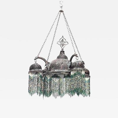 Moorish Style Patinated Brass and Green Glass Bead Chandelier