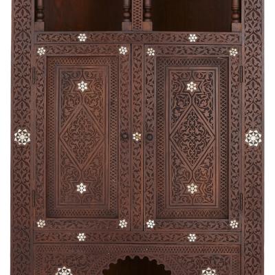 Moorish style mother of pearl inlaid hardwood three piece furniture set