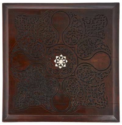 Moorish style mother of pearl inlaid hardwood three piece furniture set