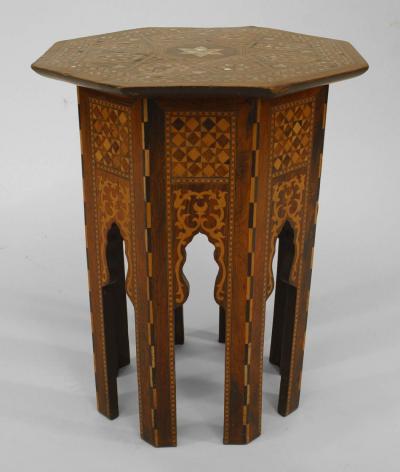 Moorish walnut inlaid wood and pearl small taboret table