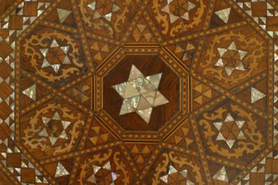 Moorish walnut inlaid wood and pearl small taboret table