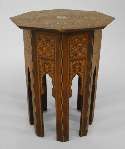Moorish walnut inlaid wood and pearl small taboret table