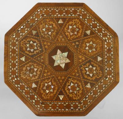 Moorish walnut inlaid wood and pearl small taboret table
