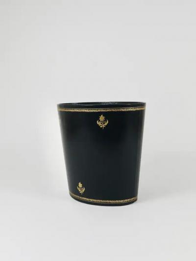 Morabito Paris Black Gold Leather Wastepaper Basket Bin France 1970s