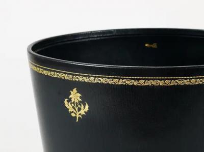 Morabito Paris Black Gold Leather Wastepaper Basket Bin France 1970s