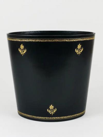 Morabito Paris Black Gold Leather Wastepaper Basket Bin France 1970s