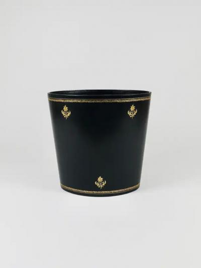 Morabito Paris Black Gold Leather Wastepaper Basket Bin France 1970s