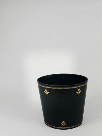 Morabito Paris Black Gold Leather Wastepaper Basket Bin France 1970s