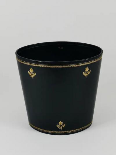 Morabito Paris Black Gold Leather Wastepaper Basket Bin France 1970s