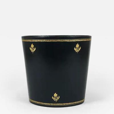 Morabito Paris Black Gold Leather Wastepaper Basket Bin France 1970s