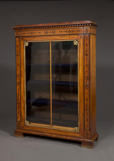 Morel and Seddon AN AMARANTH AND EBONY INLAID AND GILT BRASS MOUNTED SINGLE DOOR DISPLAY CABINET
