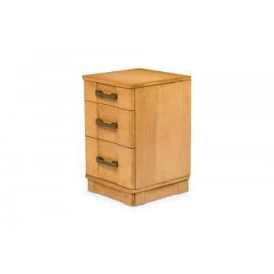 Morgan Furniture American Mid Century Light Wooden Three Drawer Brass Scroll Han