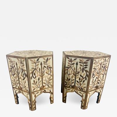 Moroccan Boho Chic Leaf Design Resin Walnut Hexagonal Side or End Table Pair