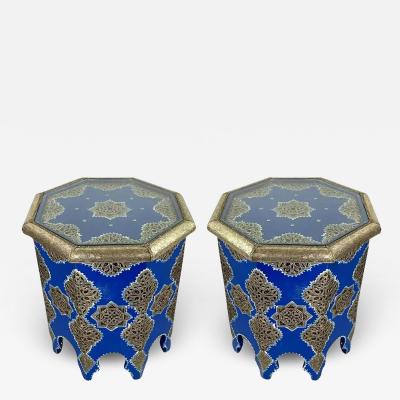 Moroccan Boho Chic White Brass Inlaid Side or End Table in Blue a Pair